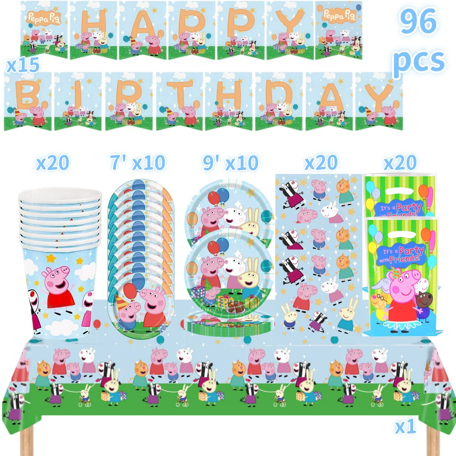 Juego de 96/60/21 Piezas de Decoración para Fiesta de Cumpleaños de Peppa Pig, Vajilla Desechable, Mantel, Platos, Vasos, Servilletas, Bolsas de Regalo, Artículos para Fiesta