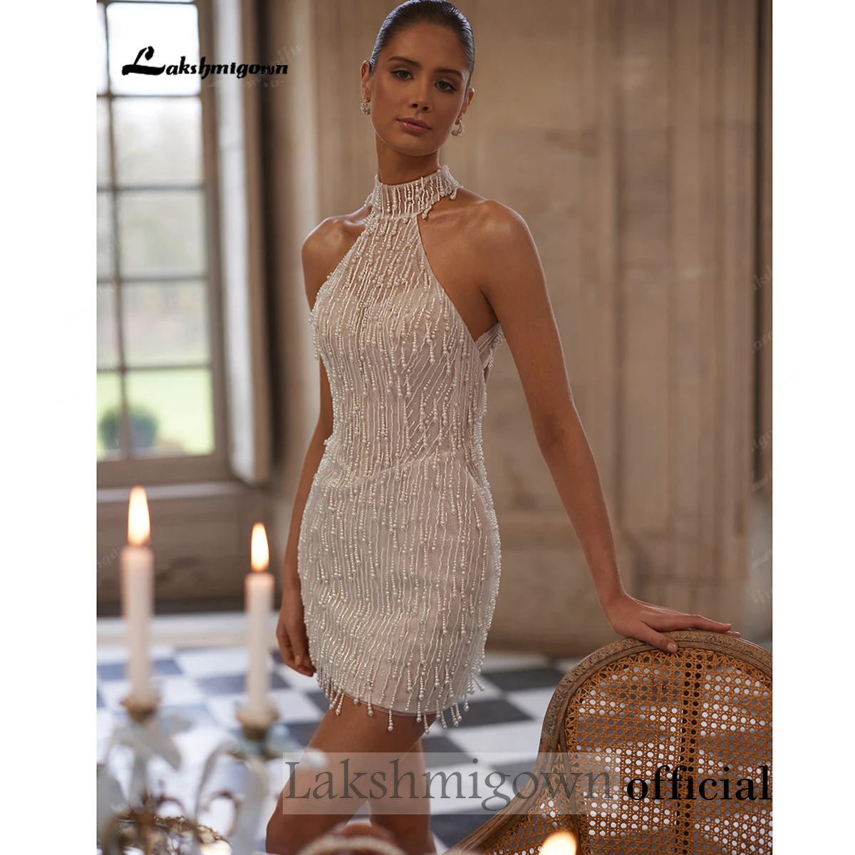 Lakshmigown Funkelndes Neckholder-Brautkleid mit Perlen und Fransen, kurzes, rückenfreies Mini-Brautkleid, Hochzeitsfeierkleid, individuell anpassbar – Detail 5