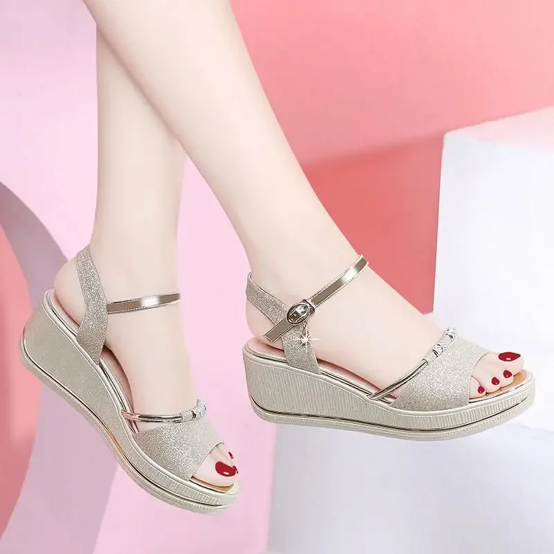 Sandals for Woman Platform Wedges Heel Footwear Women\'s Shoes Summer 2024 with Medium Heels Shoe Daily Korea on Offer Original H