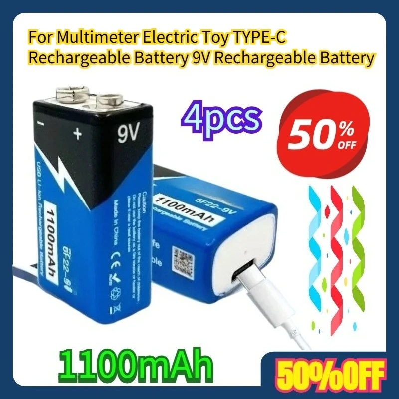

4pcs For Multimeter Electric Toy TYPE-C Rechargeable Battery 9V Rechargeable Battery 1100mAh