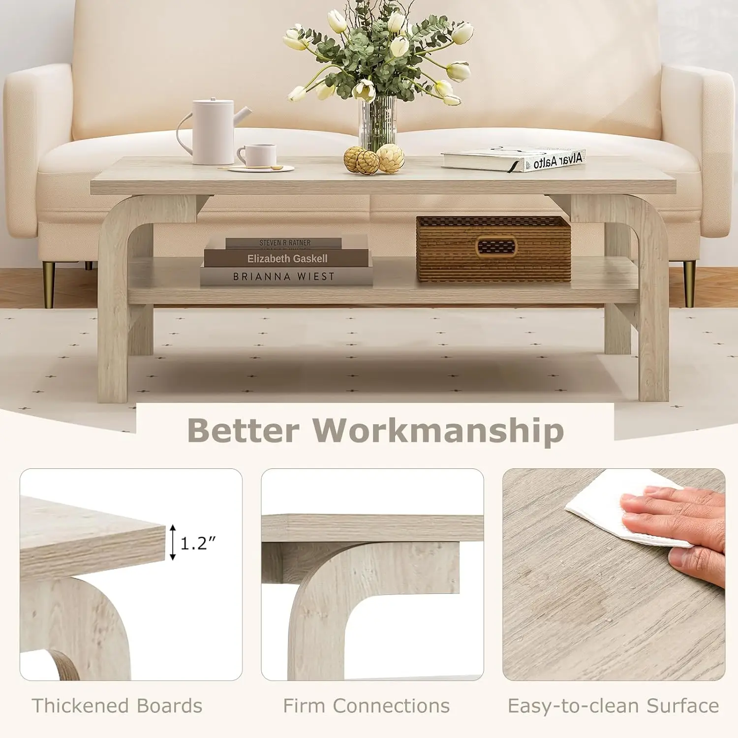 Table basse à 2 niveaux avec rangement, table centrale en bois rustique de 47 po, étagère ouverte et pieds incurvés, finition naturelle