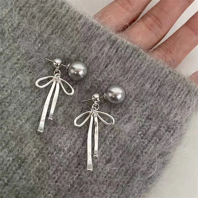 South Korea Elegant Simple Bow Grey Pearl Long Dangle Earrings for Women Fashion Sweet Metal Jewelry Party Gifts