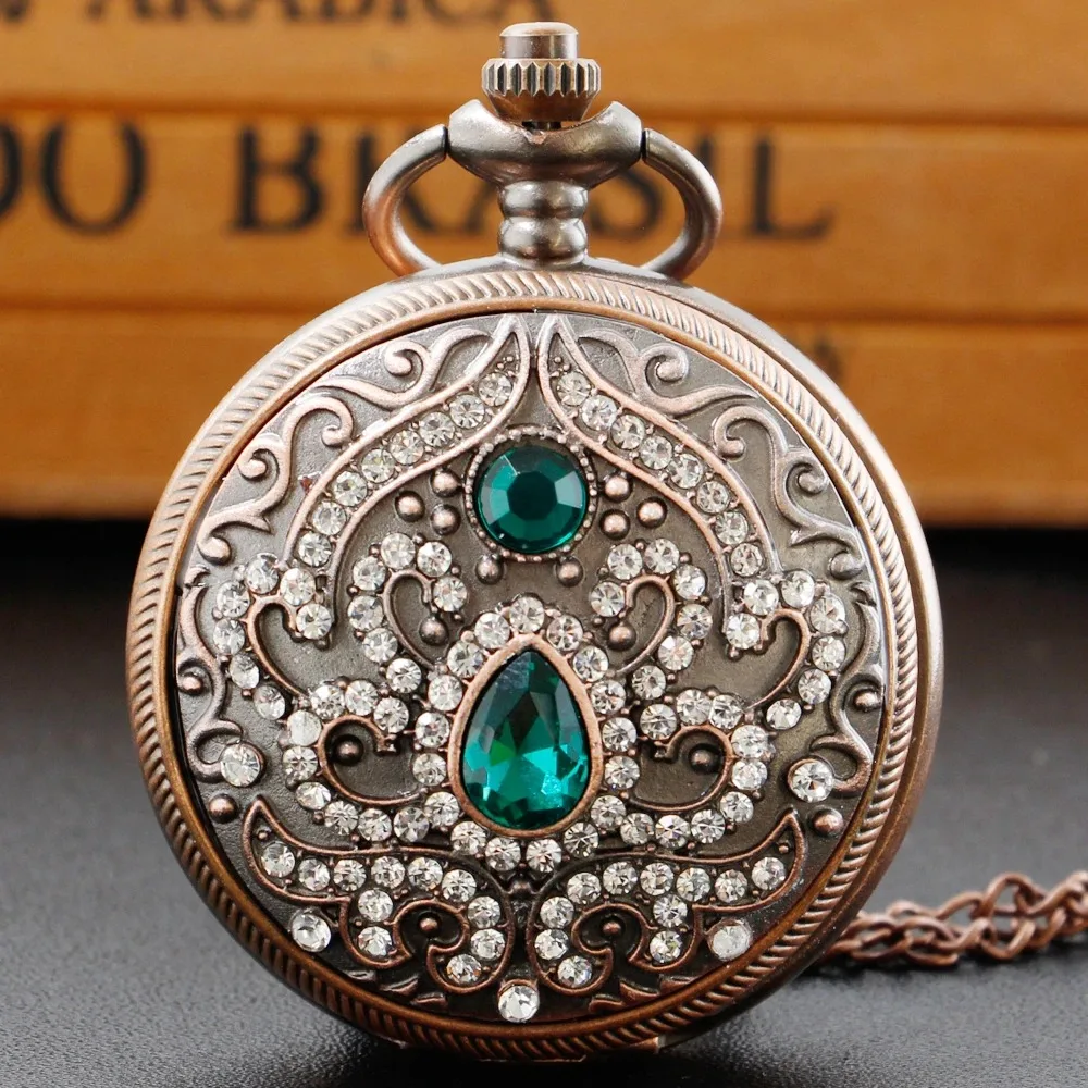 Luxury Emerald Gem Vintage Ladies Necklace Pocket Watch Digital Pendant Chain Clock Fashion Sculpture Women's Jewelry Gift