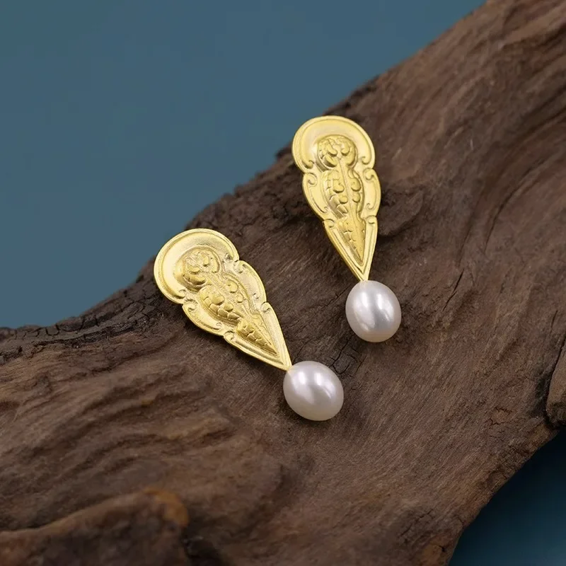 

Sterling silver jewelry Chinese style Wenchuang retro style relief when Lu shape pearl earrings