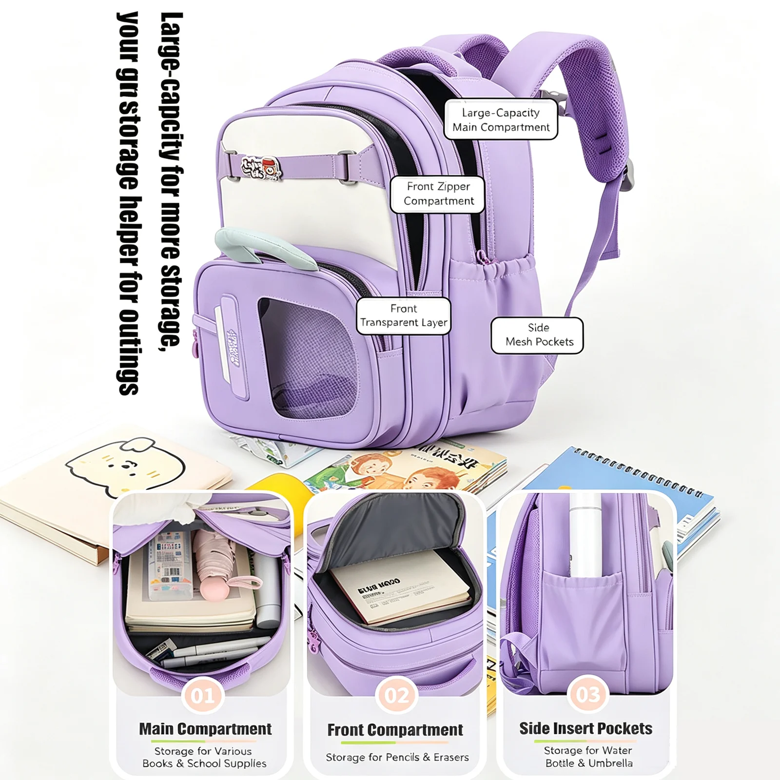 Kids Backpack with Transparent Pocket Plush Doll Decor Lightweight Waterproof Kindergarten School Bag Girls Boys Daily Backpack