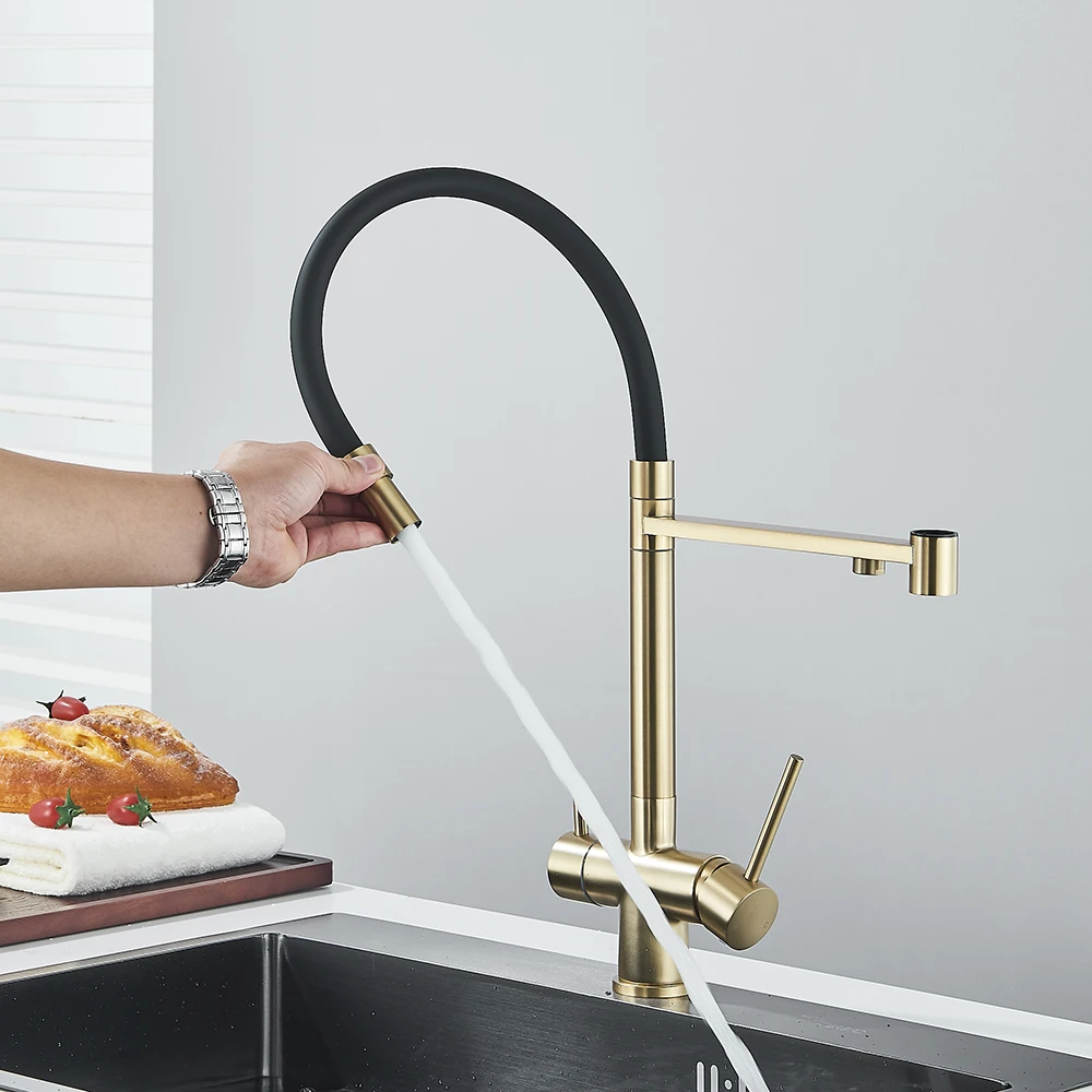 Brushed Gold Kitchen Faucet Purifier Faucets Drinking Water Tap Dual Spout Filtered Crane Hot Cold Mixer Tap Deck Mounted
