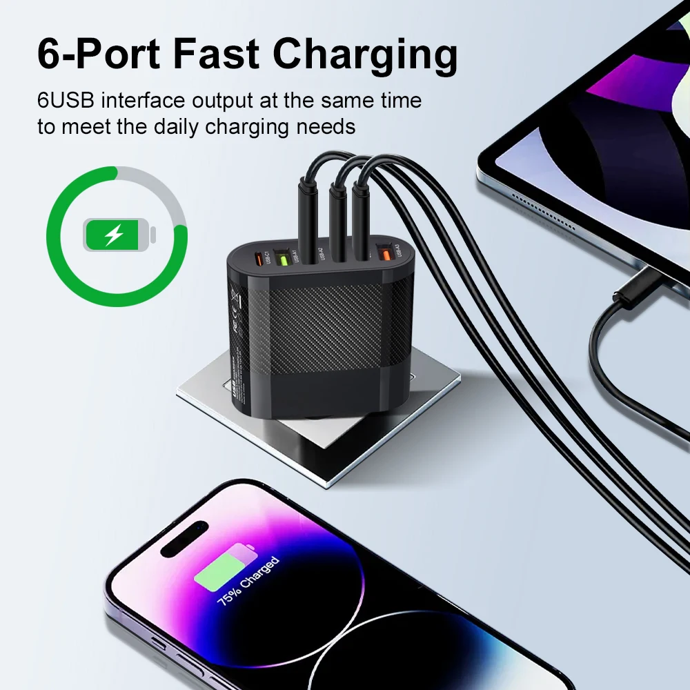 6 Ports 65W USB PD Charger USB Type C Quick Charge 3.0 Fast Charging Power Adapter For iPhone 15 14 Samsung Xiaomi Phone Charger