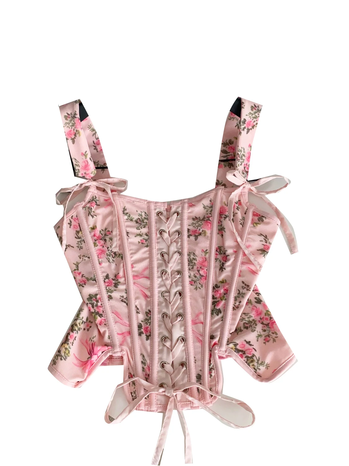 Foamlina Trendy Floral Halter Strap Bandeau Vest Camisole Summer Tie Up Boning Cinched Waist Sweet Spicy Outer Corset Tanks