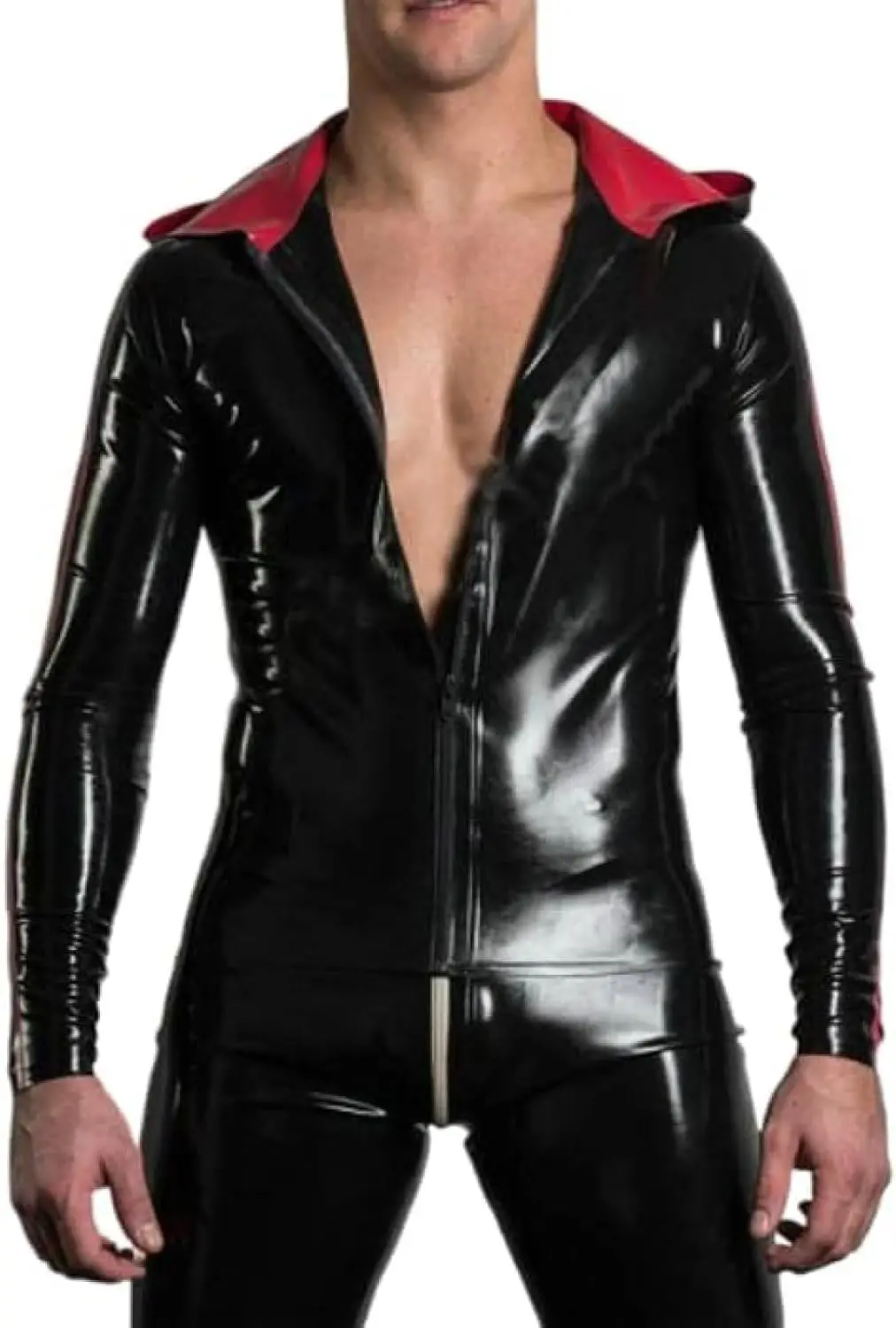 

Sexy Black Men's Latex Top Jacket Hoodie Tight Open Front Zipper