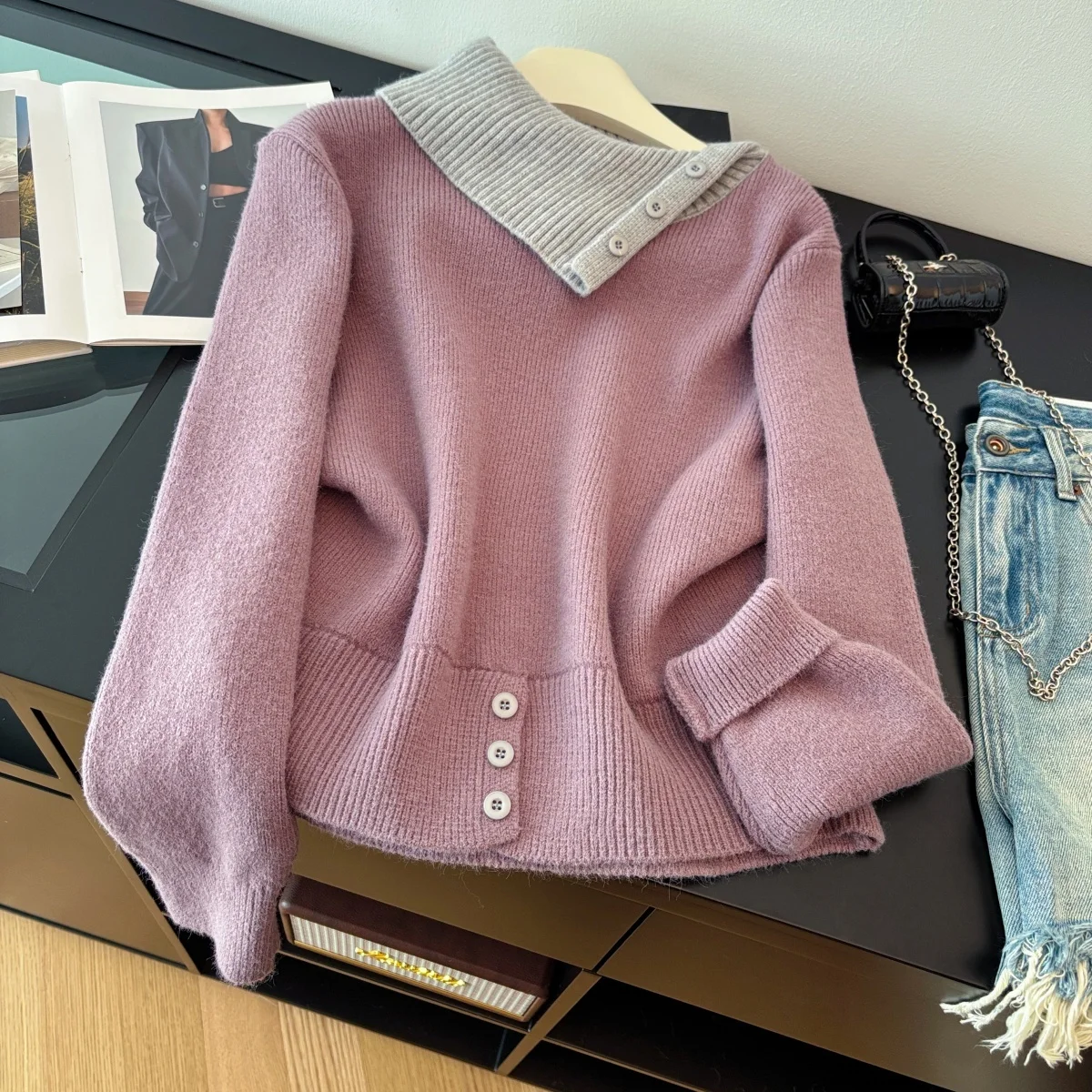 

Женский фиолетовый вязаный пуловер, свитер большого размера, винтажный джемпер, вязаный кашемировый свитер с длинными рукавами в стиле пэчворк, весенняя одежда 2000-х годов