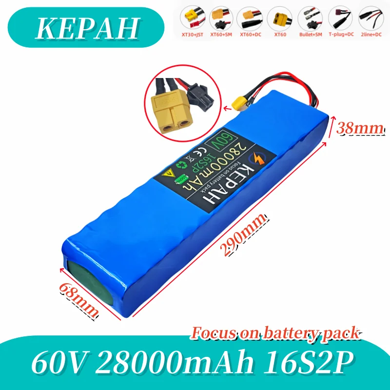 

KEPAH 60V 16S2P 28000mah 18650 Lithium Ion Battery Pack lpega for Electric Bike Scooter Scooter Kids Car Built In 1000 Watt Bms