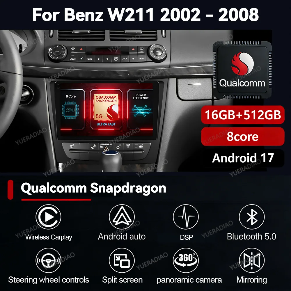 Android 17 Car Radio For Mercedes Benz E-class E Class W211 E200 CLS 2002 - 2010 Head Unit BT GPS NAVI 4G WIFI QLED 2DIN LTE 5G