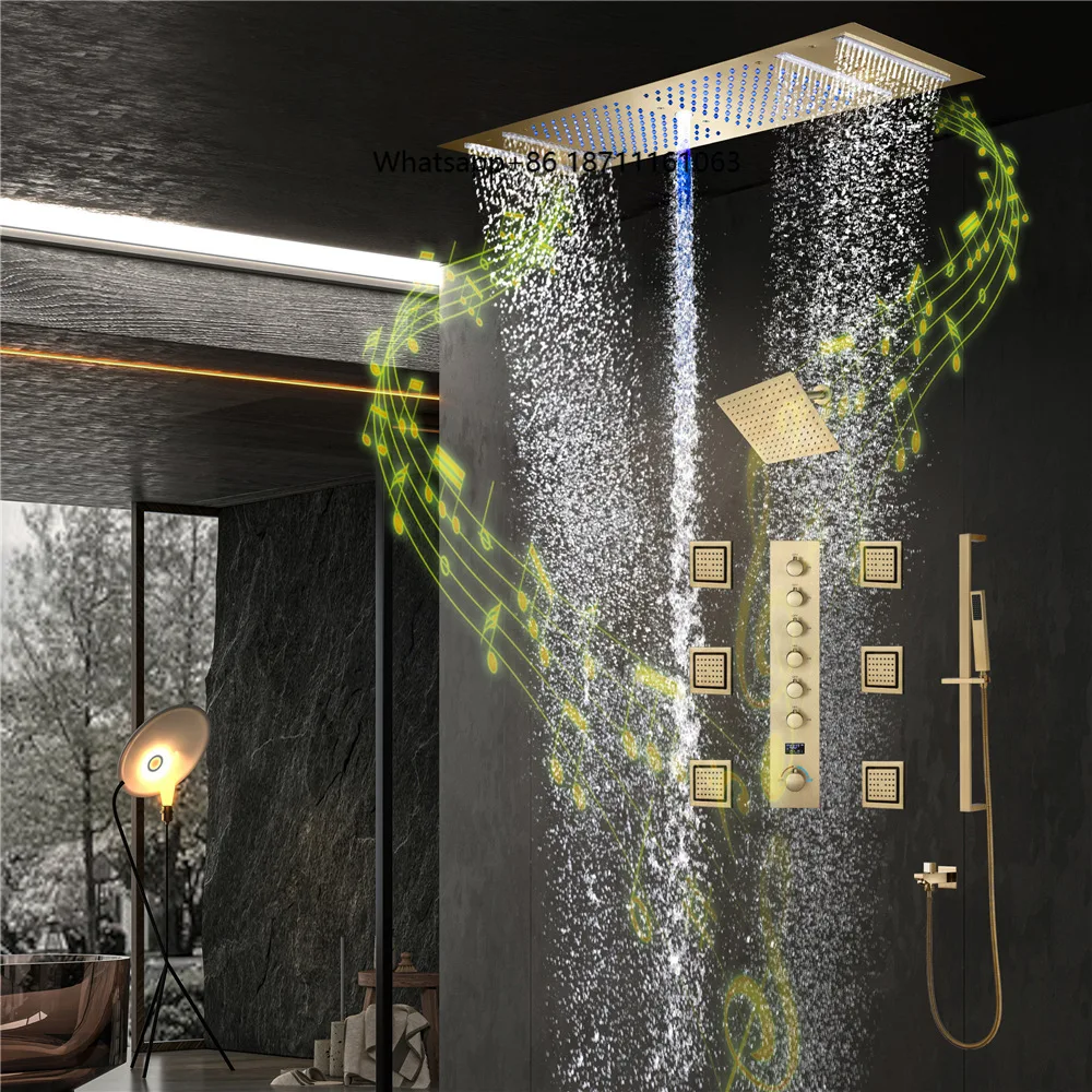 Bathroom Shower System Hydro Power Temperature Display LED Light Bluetooth Music Waterfall Raining Shower Set