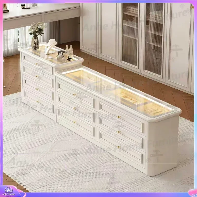 French Style Solid Wood Island Display Cabinet Jewelry Showcase with Drawers Retail Store Clothing Rack Storage Chest