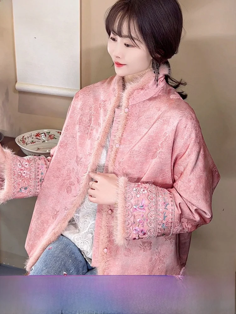 

Новая китайская розовая хлопковая куртка для женщин, зимнее пальто с воротником из меха норки, приталенный крой, длинный рукав, теплая, с воротником-стойкой