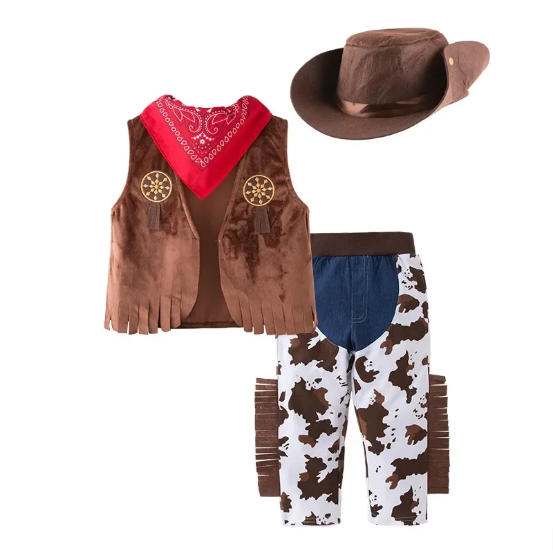 Children Boy Western Cowboy Set Costume Toddler Kids Vest Pants Set Outfit Fantasia Party Purim Halloween Clothes 2-4T 4-6 Years