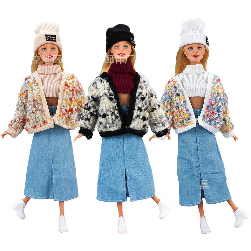 

30cm FR Supermodel Doll Clothes Accessorie Autumn Winter Temperament Jacket+Vest+Hat+Denim Skirt Set 1/6 Fashion Doll Dress Up