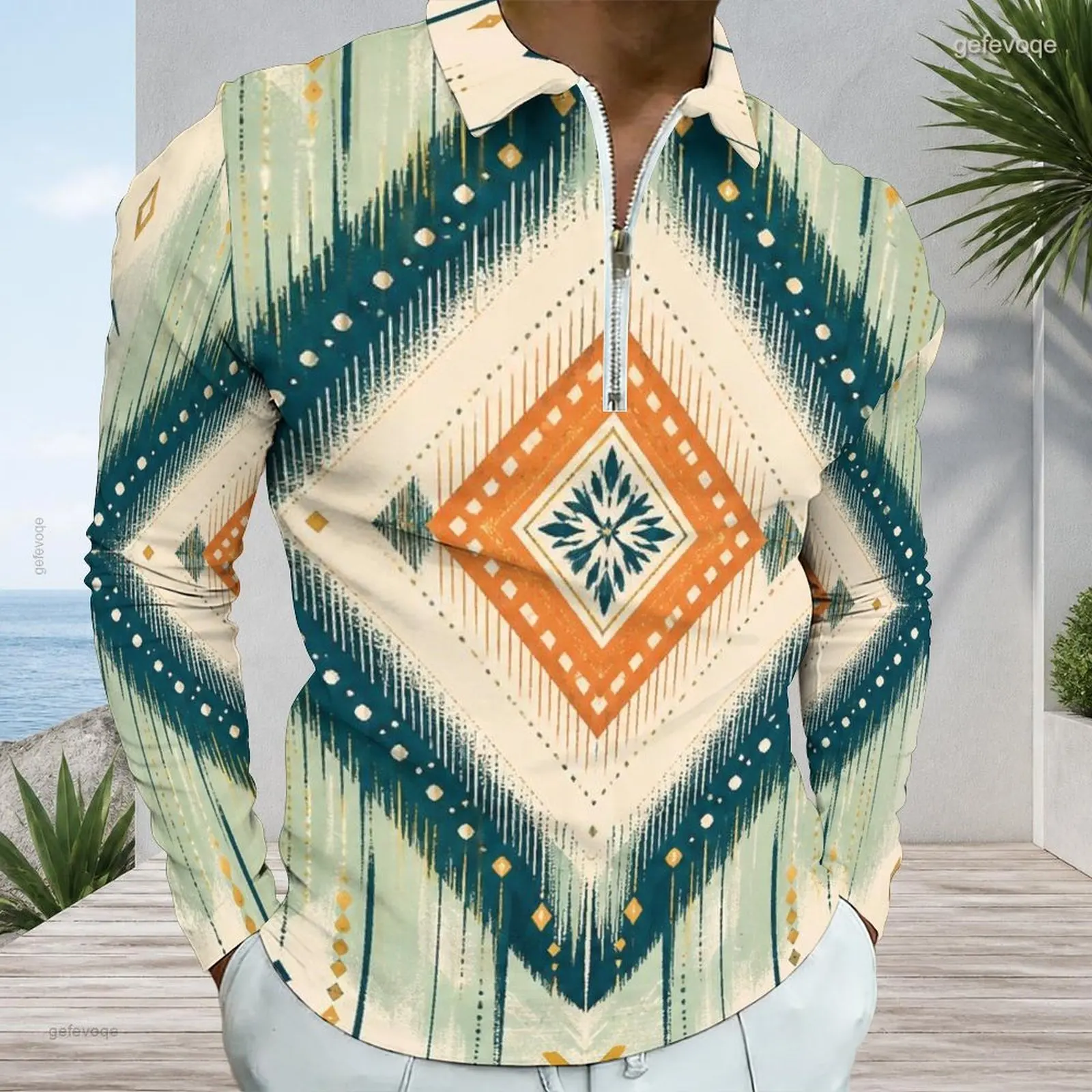 Men Blue Teal Pale Pink Off-white Abstract Watercolor Brushstroke Printed Quarter Zip Long Sleeve Polo Shirt