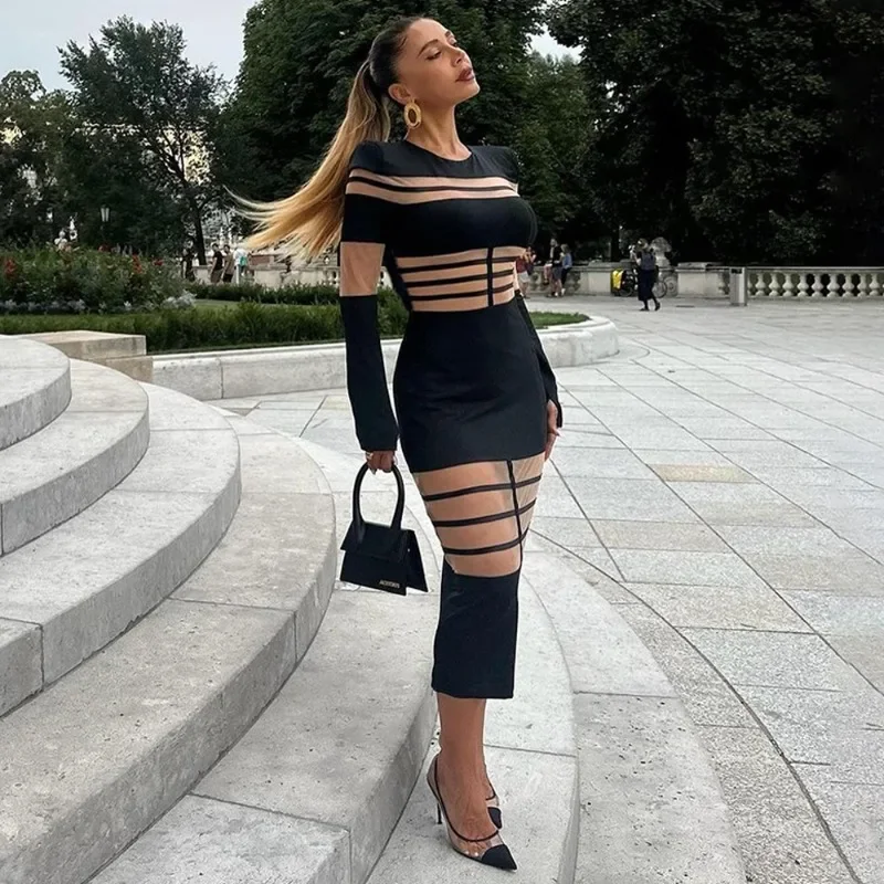 2025 الأوروبية والأمريكية الربيع/الصيف موضة مثير الربط منظور تنورة وسط جولة الرقبة طويلة الأكمام جديد سليم صالح فستان