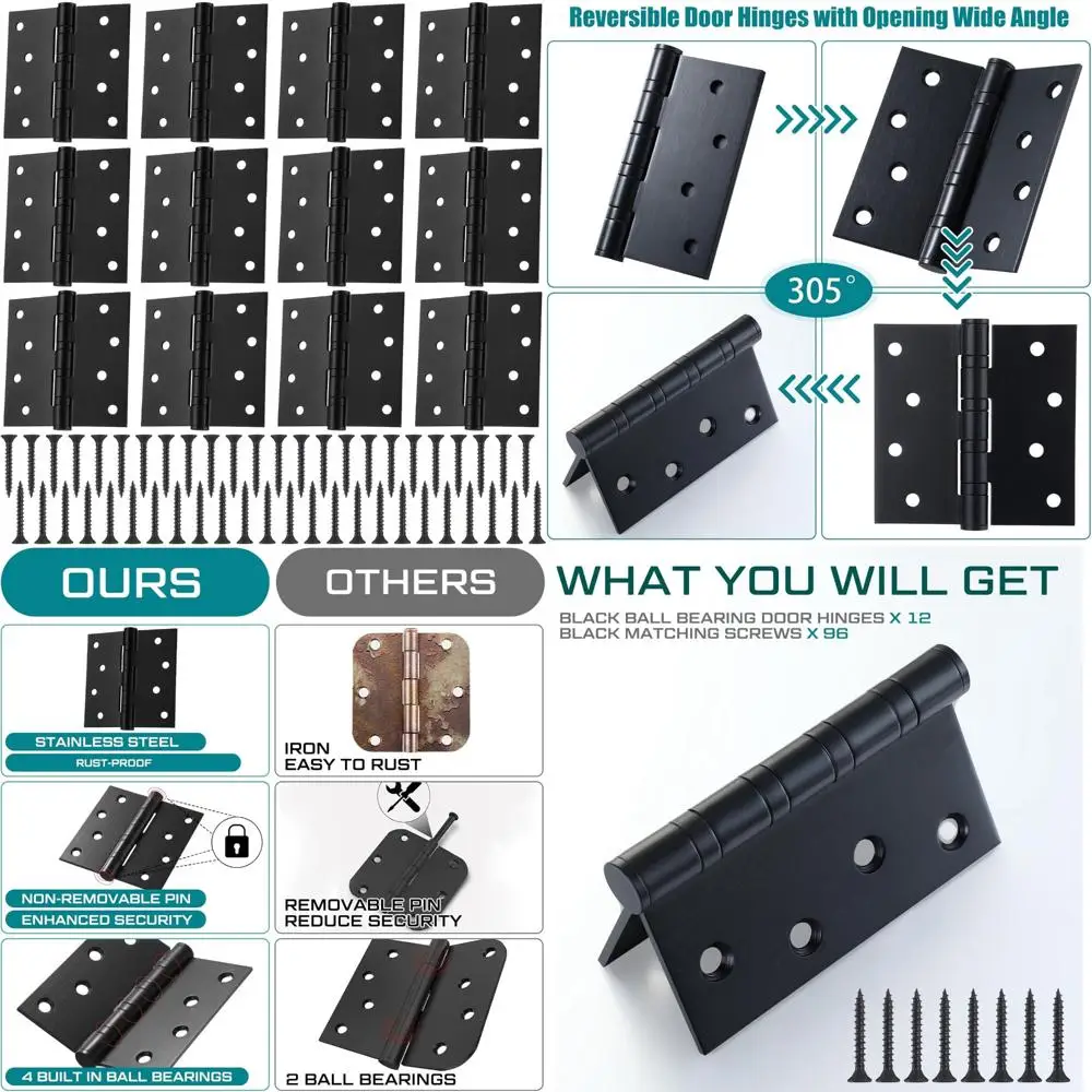 

12 шт. 4-дюймовые дверные петли с шарикоподшипником, сверхпрочные петли из нержавеющей стали, 4 x 4-дюймовые внешние дверные петли с квадратными углами (черные)