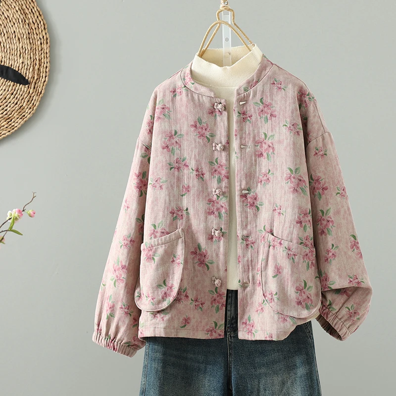 

Retro Thin Button Print Cotton Linen Jaet Loose Casual Autumn Winter New Sle Stand Collar Versatile Top Women's Outerwear