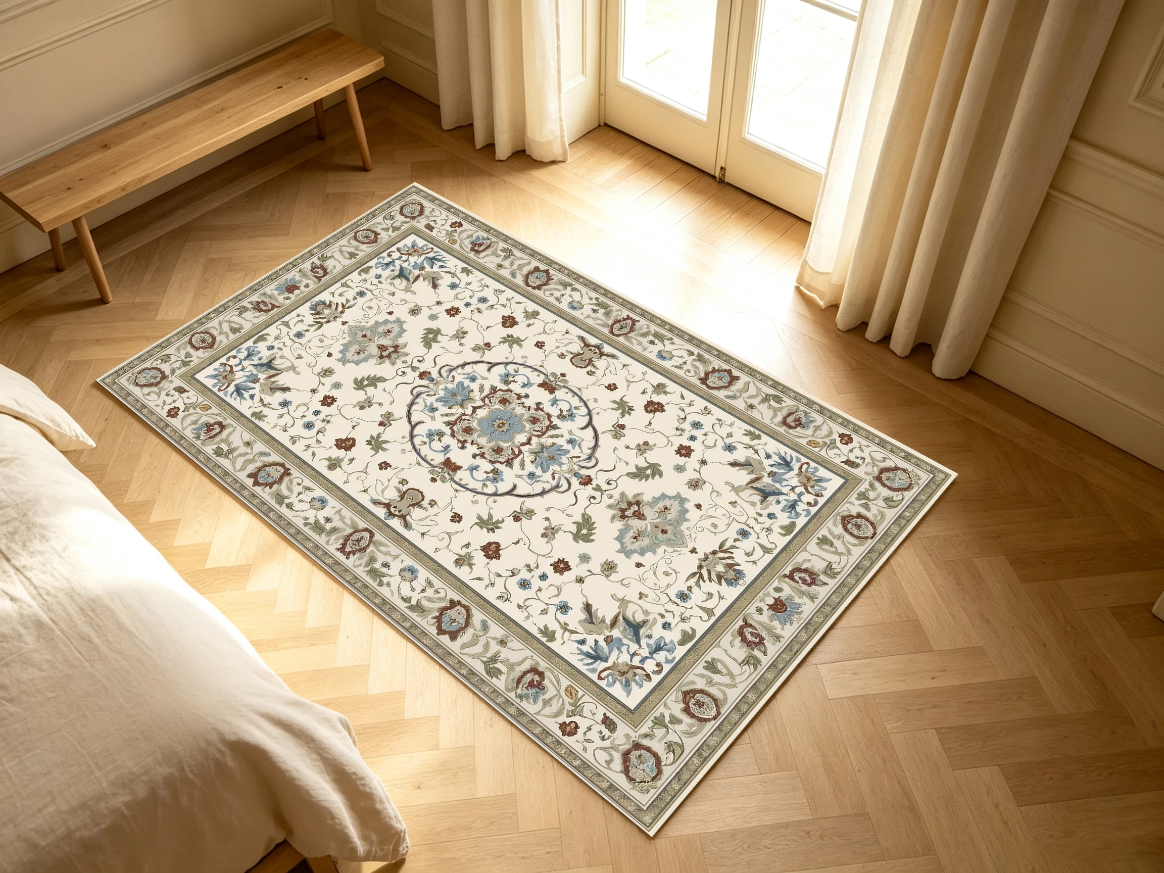 2D Carpet, 2D Off-White Vintage Persian Floral Carpet, Soft and Skin-Friendly, Suitable for Living Room and Bedroom, Enhances the Sense of Space..