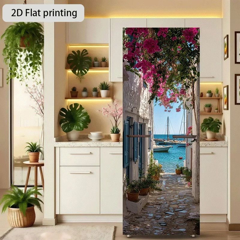 Refrigerator Sticker, Flower Alley to Blue Harbor Themed Design, Self-Adhesive Wall Decal Wallpaper, Suitable for Cabinets and