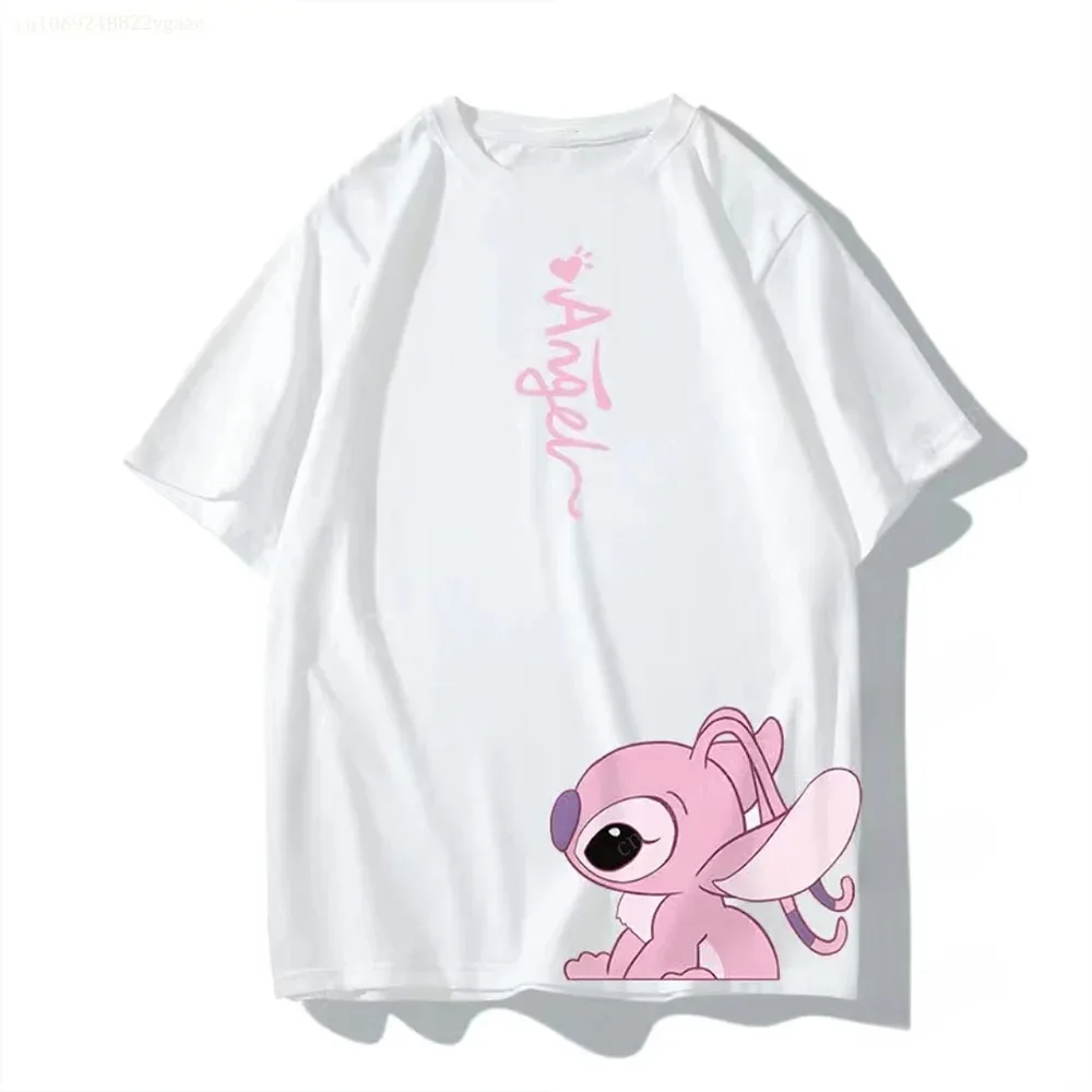 Summer Disney Stitch And Angel Couple Cotton T Shirt Men Women Short Sleeve Boys Girls Kids Polyester Tee Clothes Children Lilo