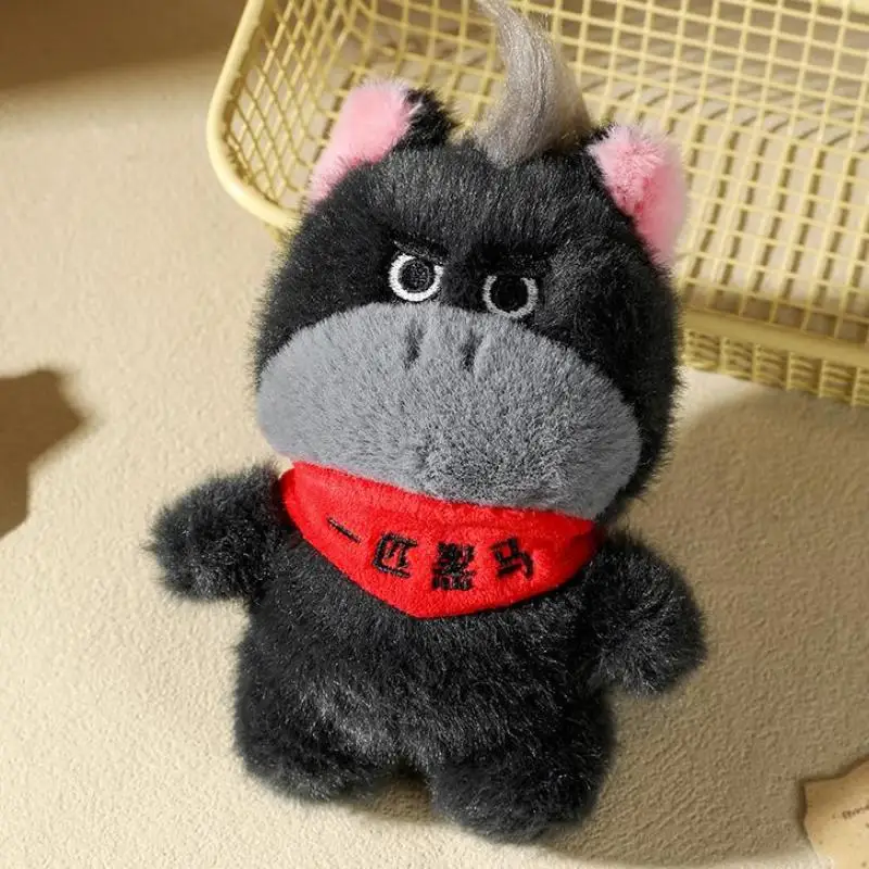 Kawaii cavalo preto pingente de pelúcia chaveiro bonito animal boneca ano do cavalo lembrança chaveiro mochila pingente decoração presente