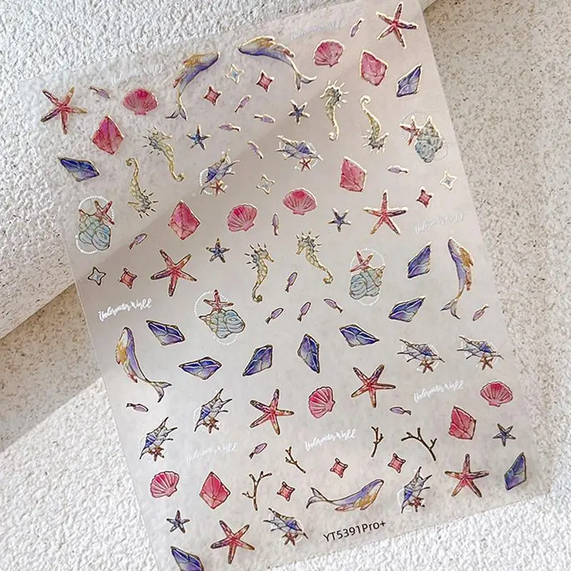 5D Summer Sea Shell Nail Stickers Shiny Embossed Starfish Seahorse Whale Decals Ocean Animals Theme Nail Art Decoration