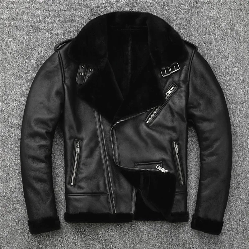 New Fashion Black Shearling Sheepskin Coat Men's Winter Oblique Zipper Biker Genuine Leather Jacket Retro Wool Fur Warm Clothes