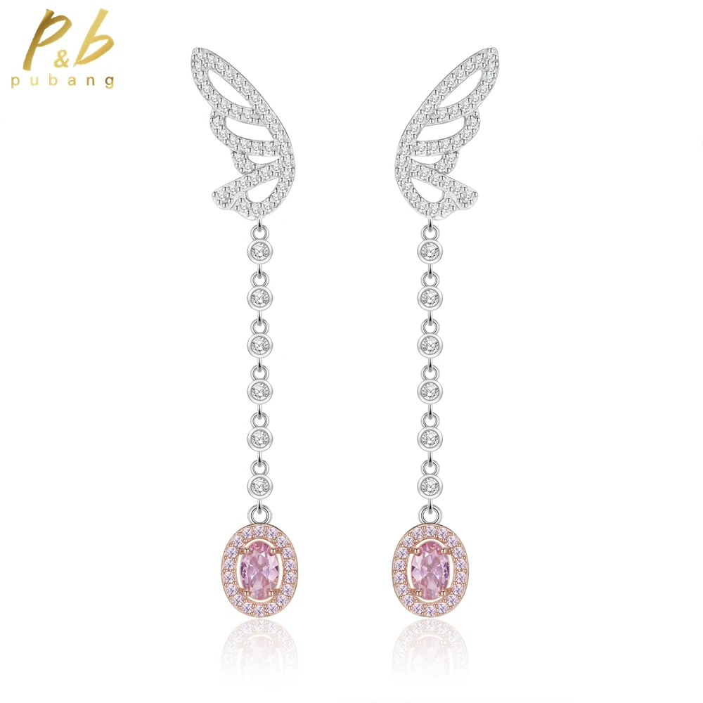 

PuBang Fine Jewelry 925 Sterling Silver Pink Sapphire Full Gem Drop Earrings Created Moissanite for Women Wedding Gift Wholesale