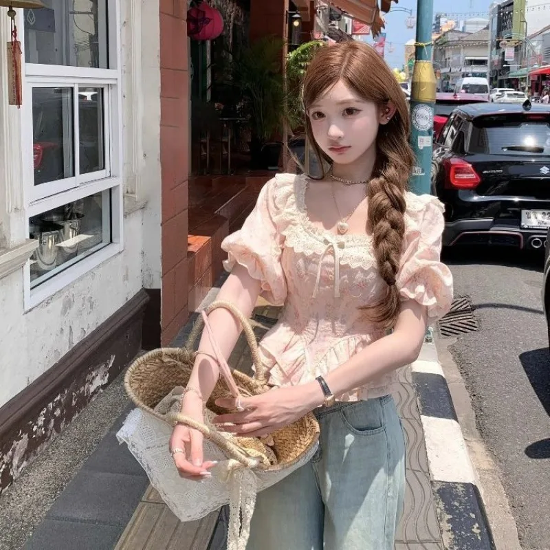 Summer Sweet Y2k Slim Blouse Short Sleeve Shirt Bow Embroidery Lace Pink Floral Print All-match Tops Ruffles Harajuku Kawaii Top