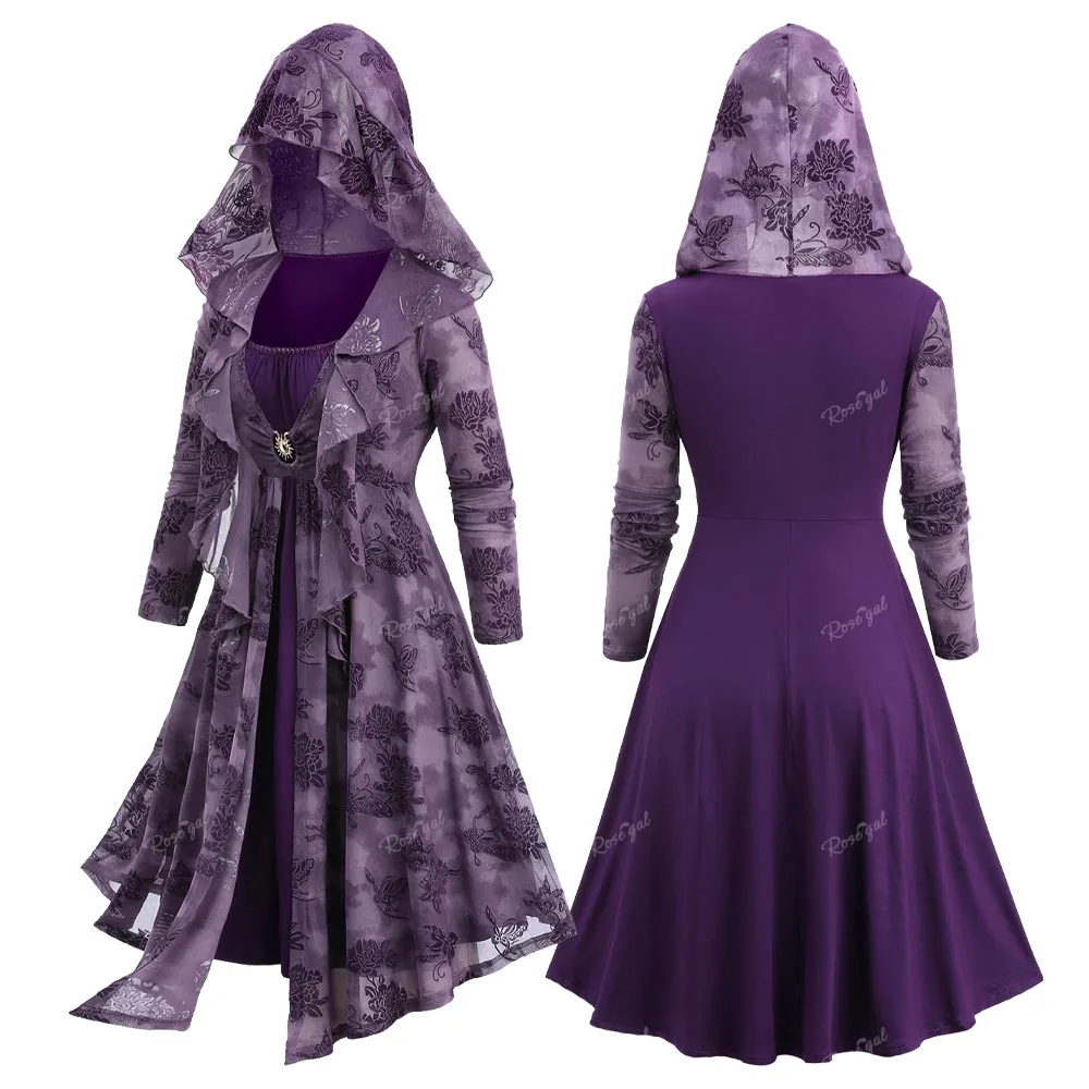 ROSEGAL Plus Size Hooded Dress Women Autumn Winter Floral Flocking Mesh Sun Buckle Lace Trim Ruched Ruffles Dress Purple Vestido