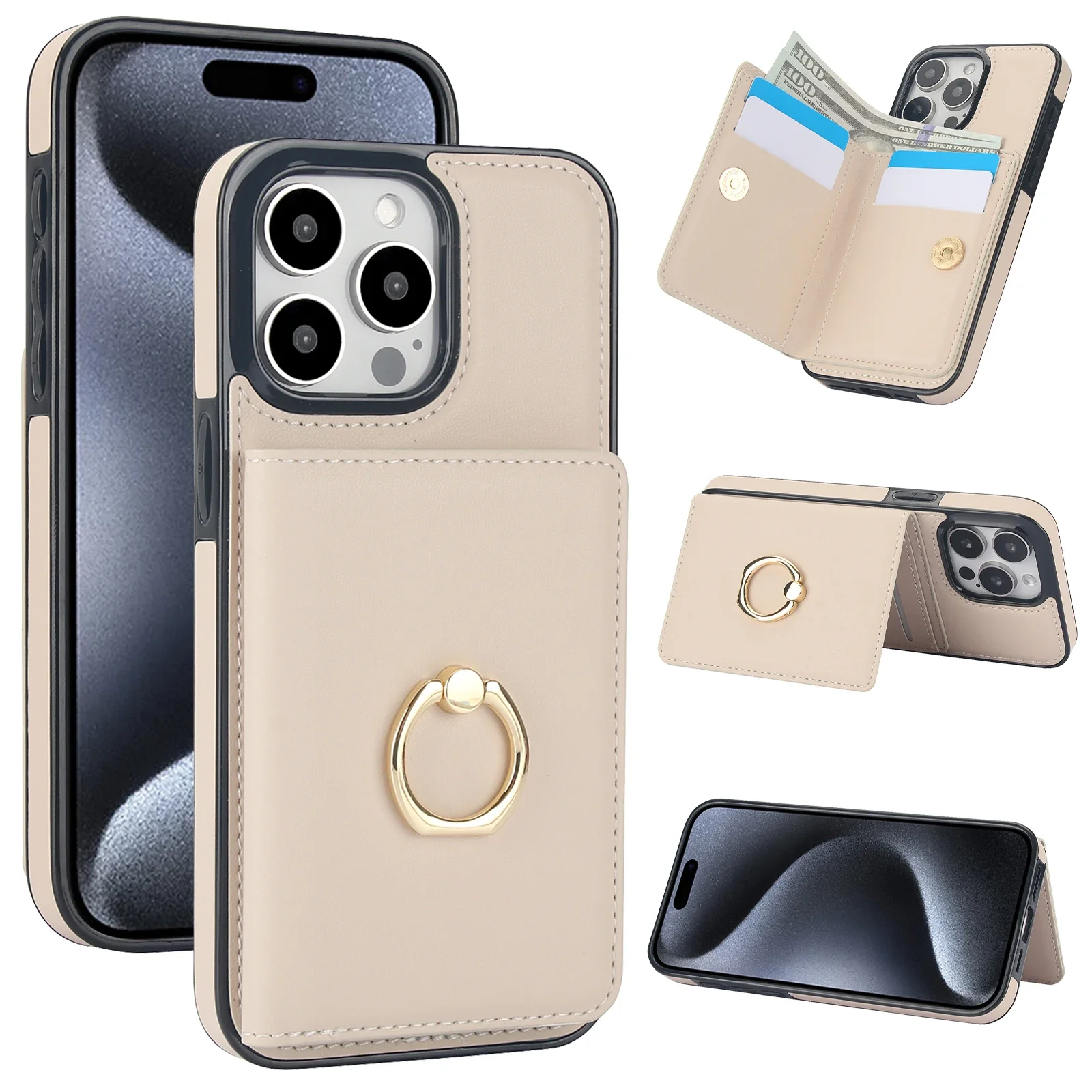 Ring Holder Cards Solt Wallet Leather Case For iPhone 15 Pro Max 14 Plus 13 12 11 XR XS 7 8 SE 2022 RFID Stand Bag Pocket Cover