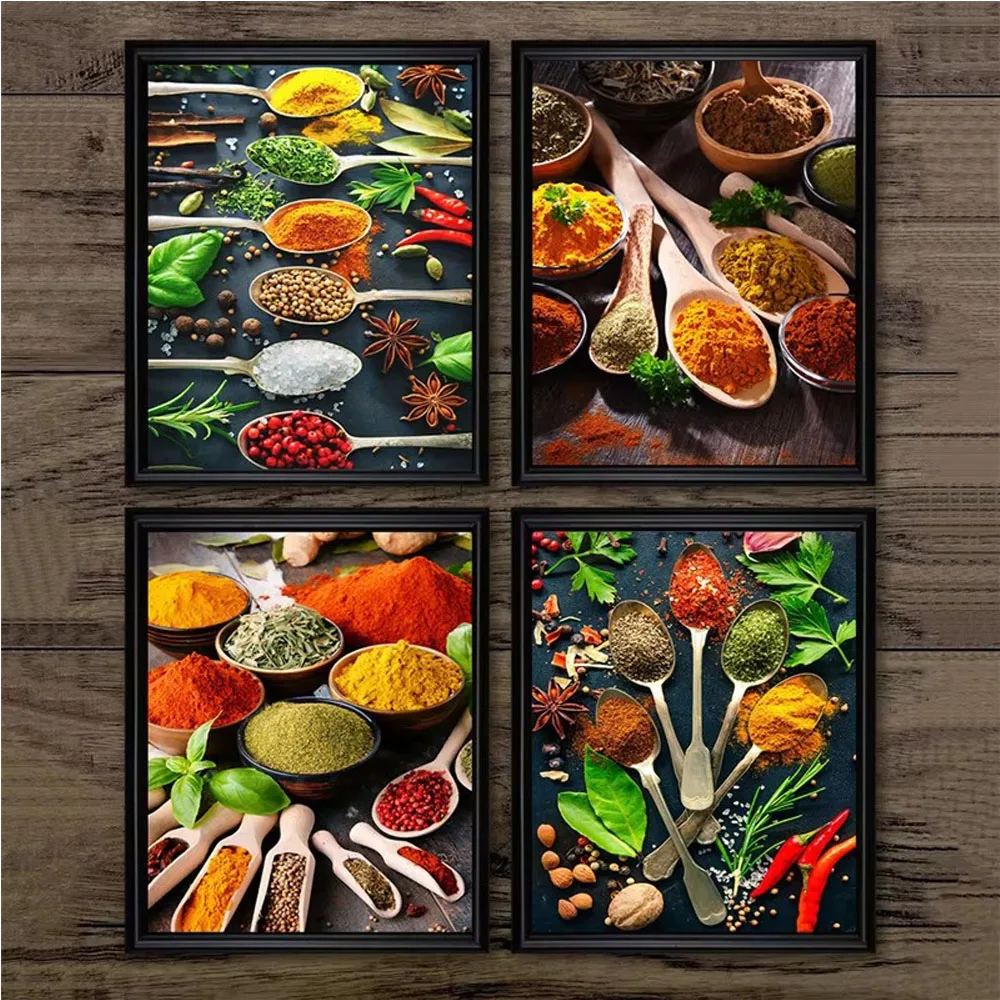 Kitchen Variety of Spices Mosaic Diy Diamond Painting Herbs,Spices Wall Art Pictures for Modern Home Living Room Kitchen Decor