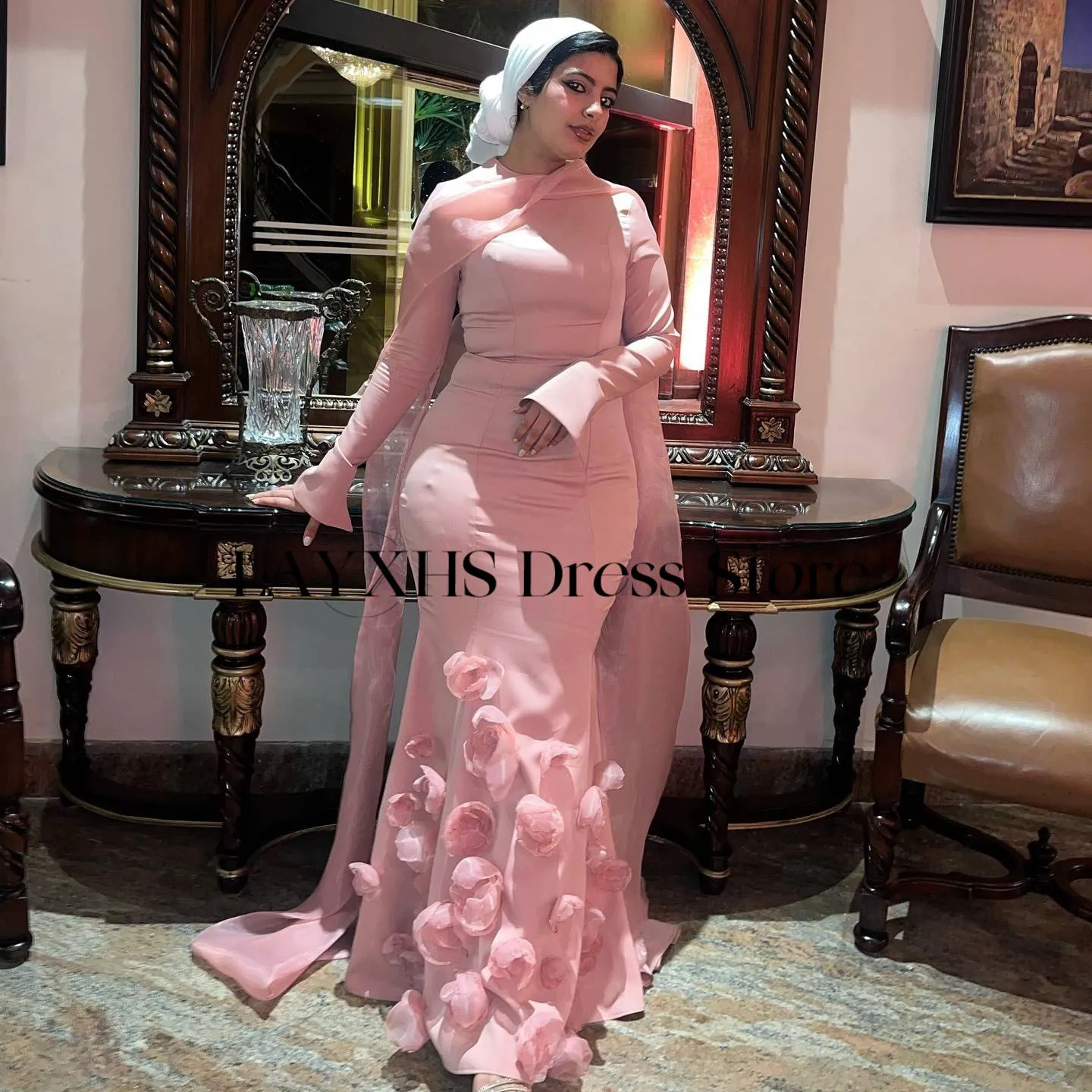 LAYXHS Mulheres de Alta Qualidade Sereia Vestido de Noite Rosa Gola Alta Flor 3D Mangas Compridas Vestidos de Baile Personalizado فساتmavera
