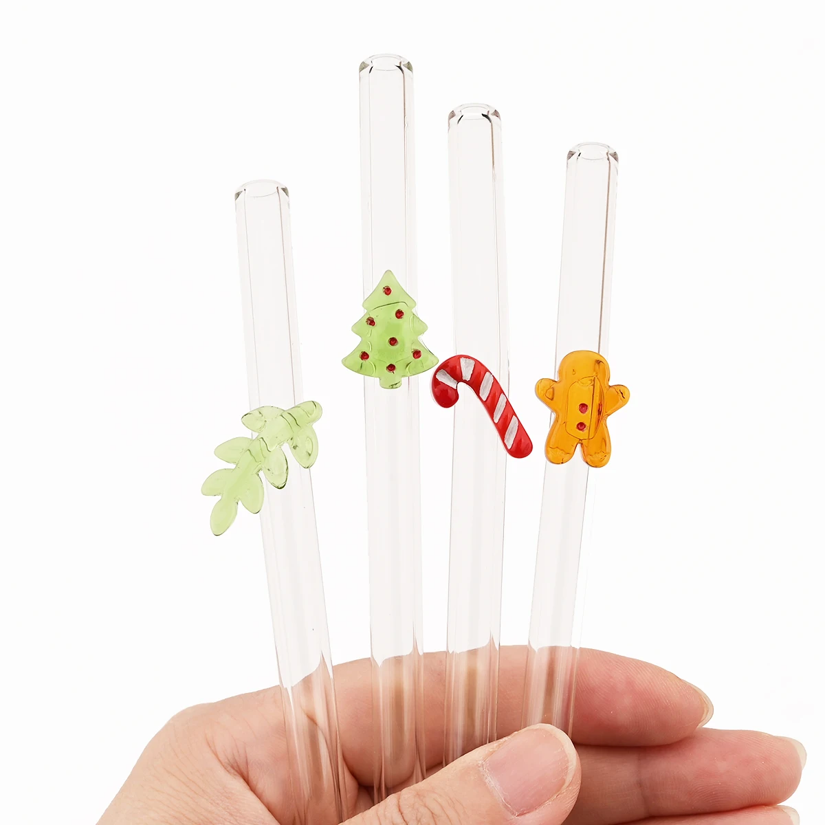 4pcs Christmas Glass Straw Milk Tea Juice Cocktail Straw with Brush High Borosilicate Glass Straw Set Kitchen Bar Accessories