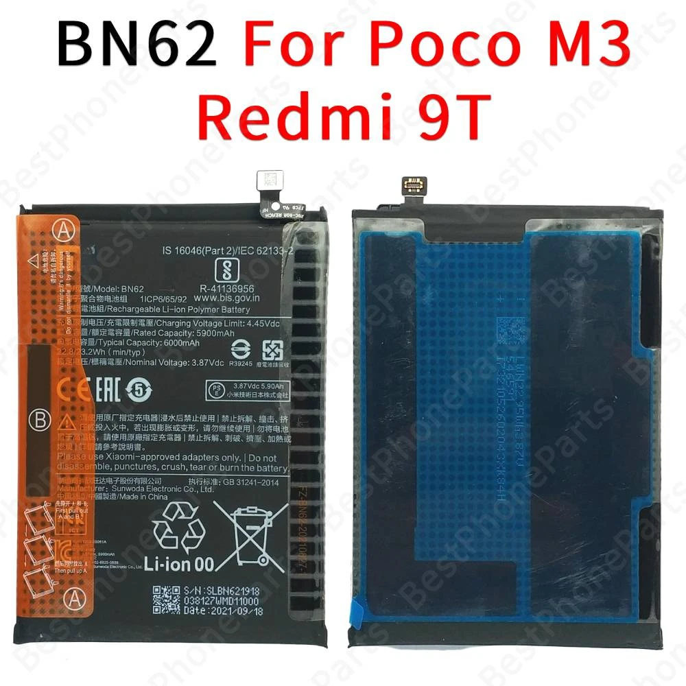 For Xiaomi Poco M3 Redmi 9T Battery 6000 mAh Replacement Li-ion Cellphone BN62 Bateria Spare Parts