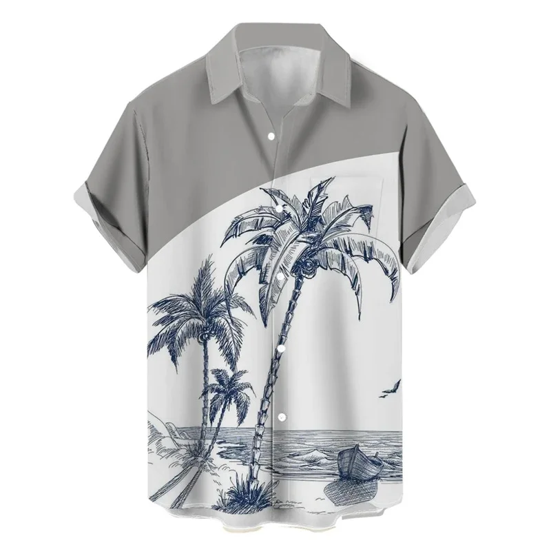 New Men's Light Dark Striped Flower 3D Printed Shirt Business Vacation Hawaii Beach Lapel Short Sleeve Breathable Top