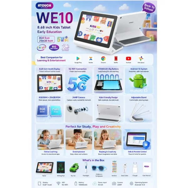 ATOUCH WE10 8.68 Inch Kids Tablet, Android 15 Tablet PC with 8GB RAM + 256GB ROM, 10000mAh Big Battery, Dual Camera