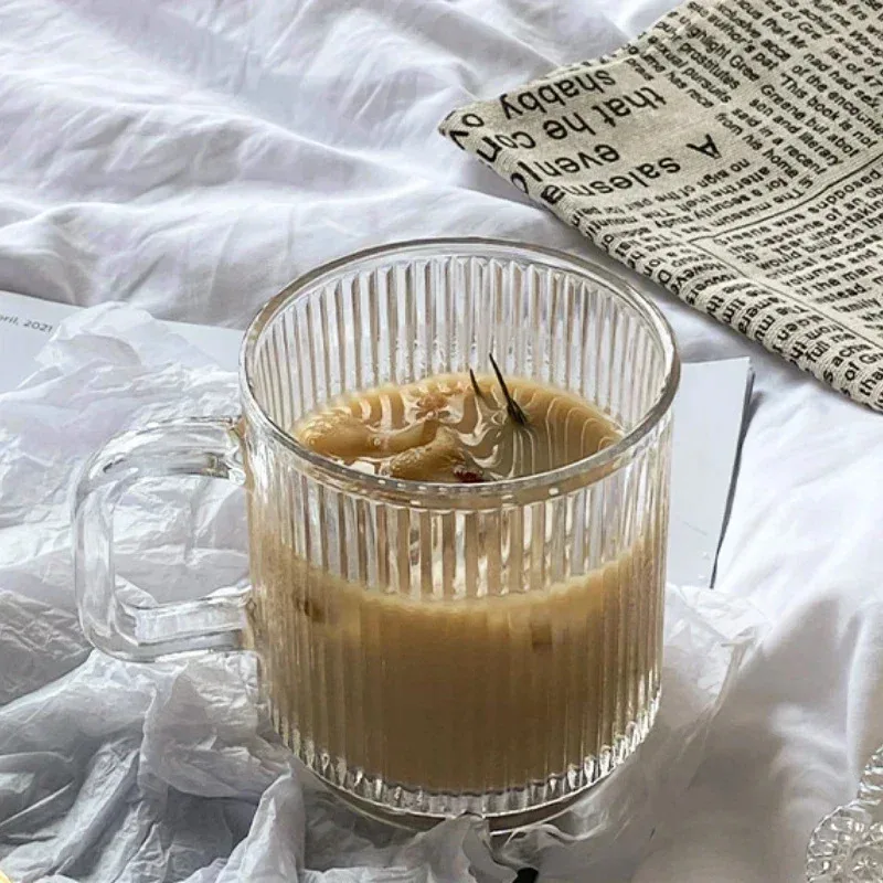 

TOPLIVING Glass Drinkware 320ml Coffee Mugs Transparent Glass With Handle Tumbler For Home Striped Cup Water Bottle For Women Co