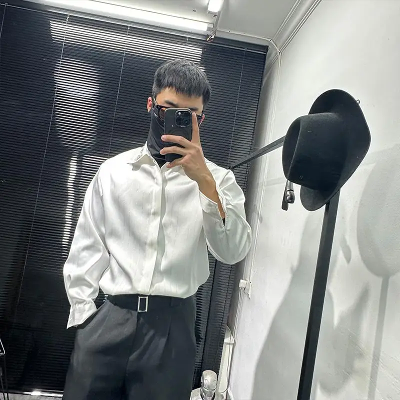 Spring Light Luxury Avant-Garde Silver Silk Brocade Striped Lapel Shirt Men's Long Sleeve High-Grade Drape Catwalk