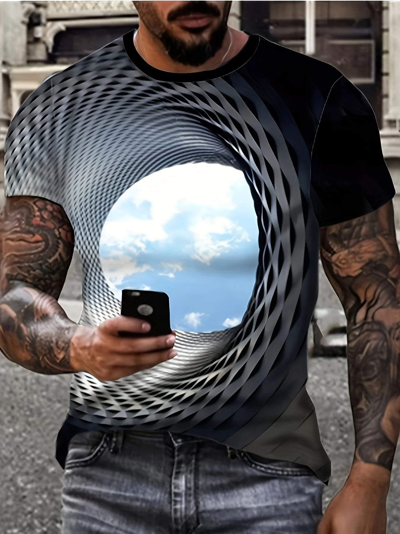 Optical Illusion Cloud And Sky 3D Graphic Print Men's Novelty Short Sleeve Crew Neck T-shirt, Summer Outdoor