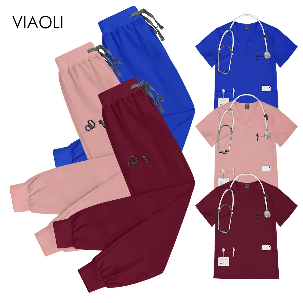 Dentist Scrub Solid Color Uniforms Unisex Quick Dry Medical Hospital with Tops Jogger Pants Doctor Nurse Specific Work Wear Sets