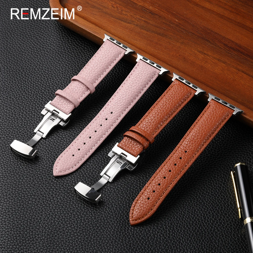 Damen-Uhrenarmband mit Schmetterlingsschnalle für Apple Watch Serie 1-11 Ultra SE, Lychee-Lederarmband für iWatch 38–49 mm, alle Größen