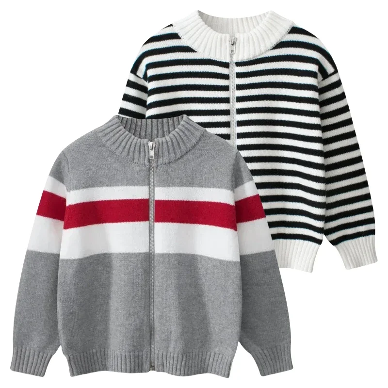 2025 Spring Autumn New Boys Sweaters Striped Long Sleeve O-Neck Jackets Children Coat Kids Knitted Zipper Clothes 2-9Y