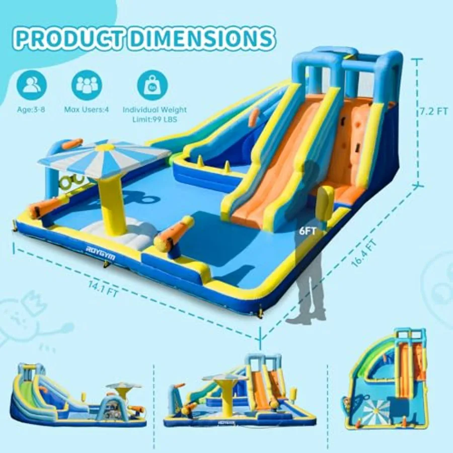 Inflatable Water Park for:Backyard Outdoor Use, PVC Material, Blue/Red, 16.4 ft × 14.1 ft with Dual Slides, Dual Water Guns Cli