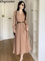 Autumn New Casual Commuter Fashion Solid Color Long sleeve Midi Dresses Women V-neck Lantern Sleeve Slim Pleated Dress With Belt