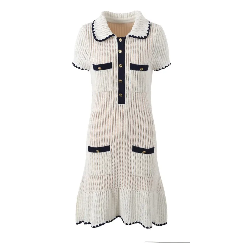 2024 spring and summer new niche ivory contrast color hand-hooked short-sleeved knitted dress temperament slim dress